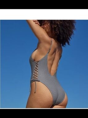 aerie Black and White Gingham Lace-Up One-Piece Swimsuit